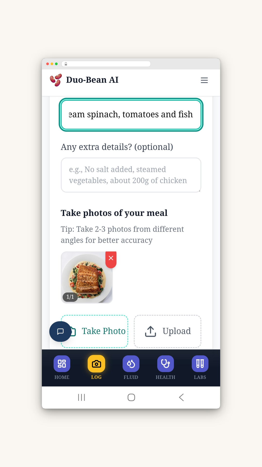 Log a meal by photo, voice or barcode