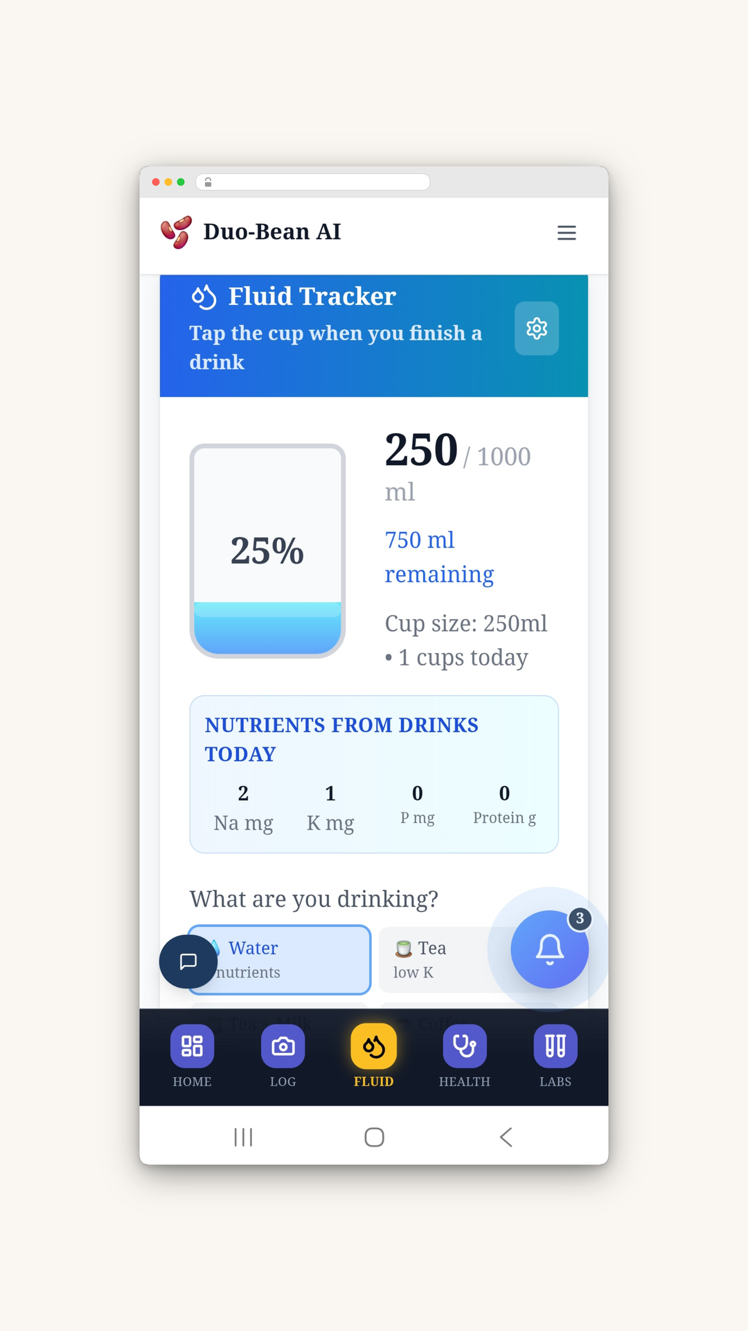 Fluid tracker with nutrients from drinks