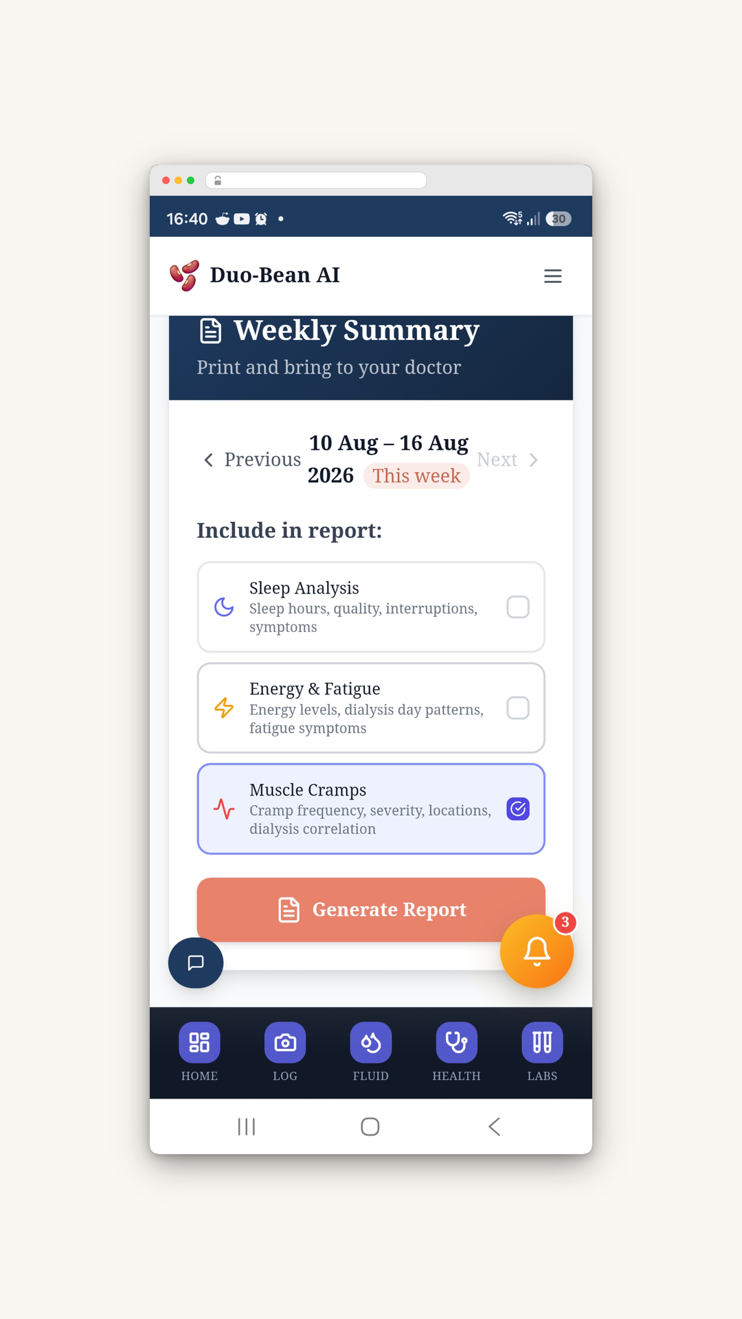 Weekly report to share with your doctor